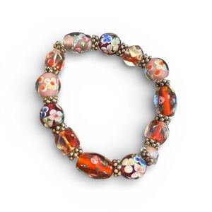 Red and Pink Floral Accent Beaded Bracelet